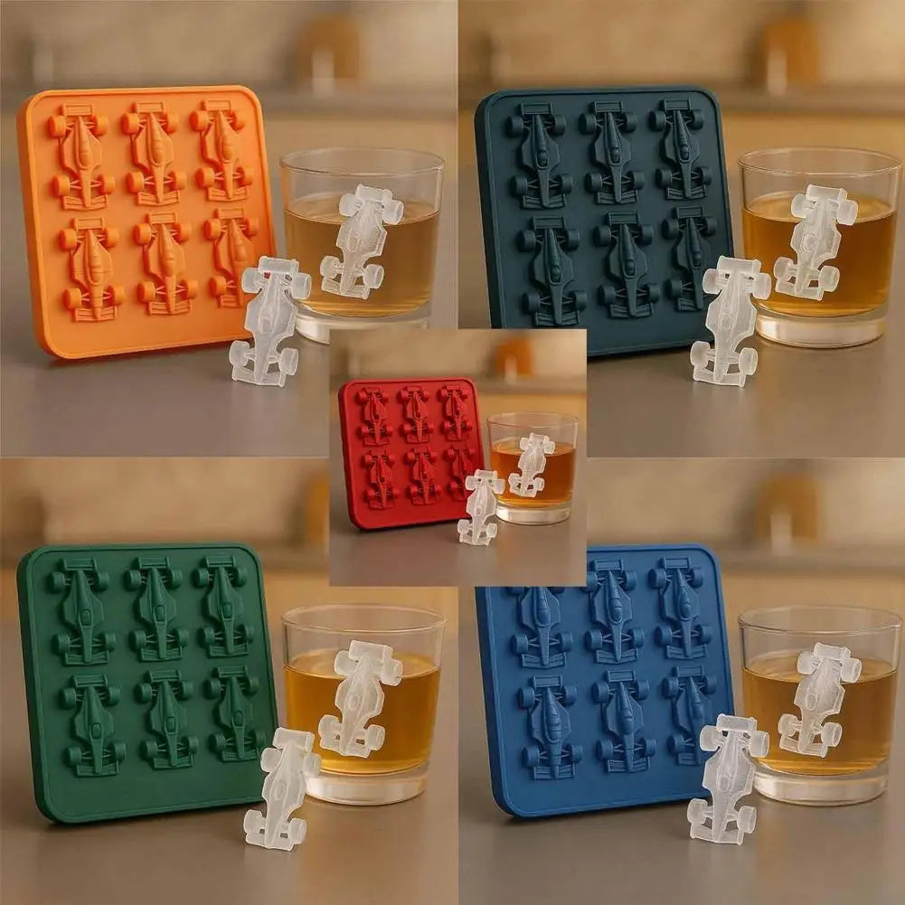 F1 Car Ice Mold, Ice Cube Trays for Freezer with Ice Container, 6-Cavity Formula Racing Car Silicone Molds for Parties, Bars